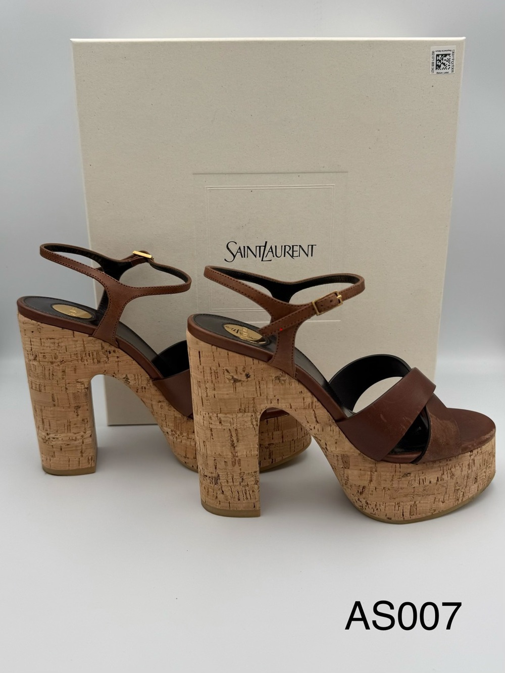 Saint Laurent Bianca 85 Brown Cork Platform Sandals EU 37